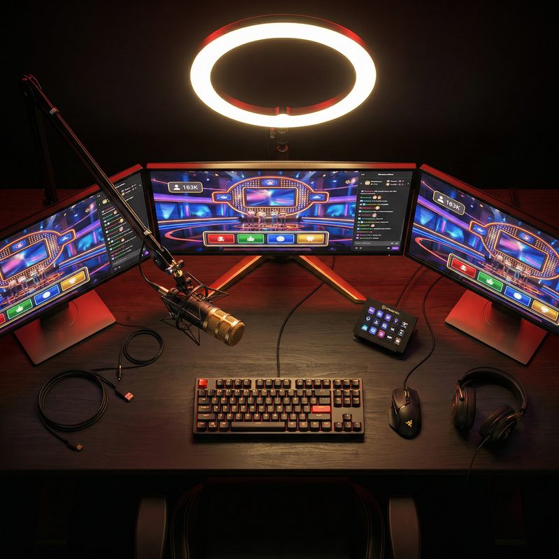 Streamer setup with game show on screen